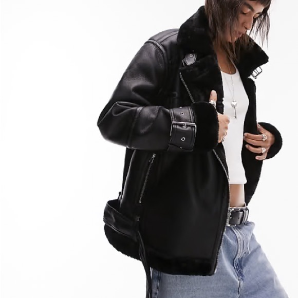 Topshop Oversized Leather Jacket - Aviator Biker Jacket with Faux Fur - Picture 7 of 7